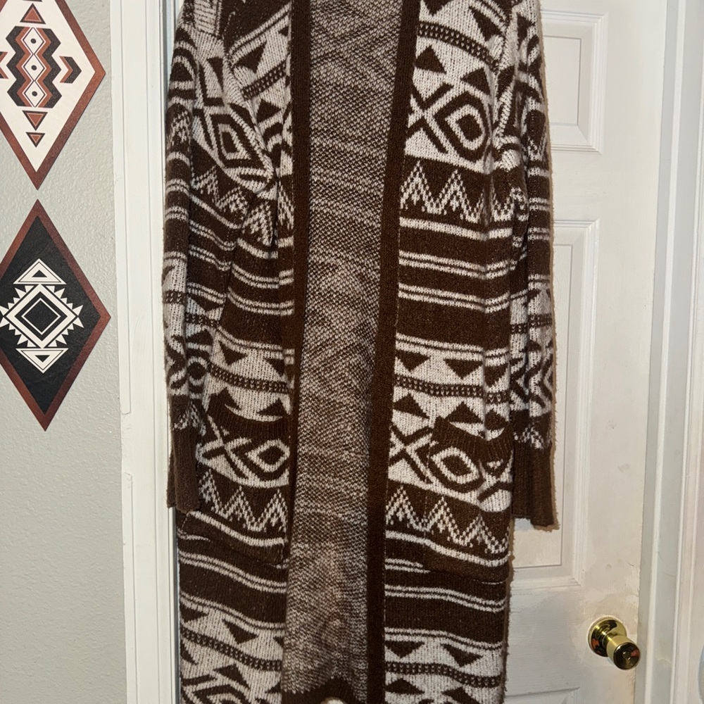 No Boundaries Brown and White Geometric Cardigan